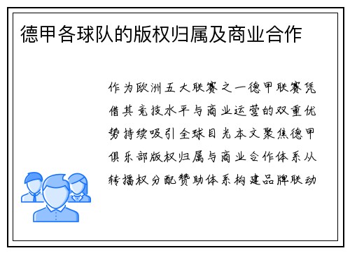 德甲各球队的版权归属及商业合作
