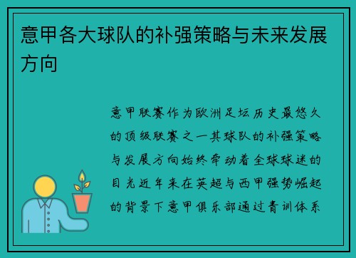 意甲各大球队的补强策略与未来发展方向