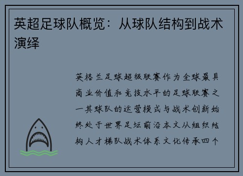 英超足球队概览：从球队结构到战术演绎